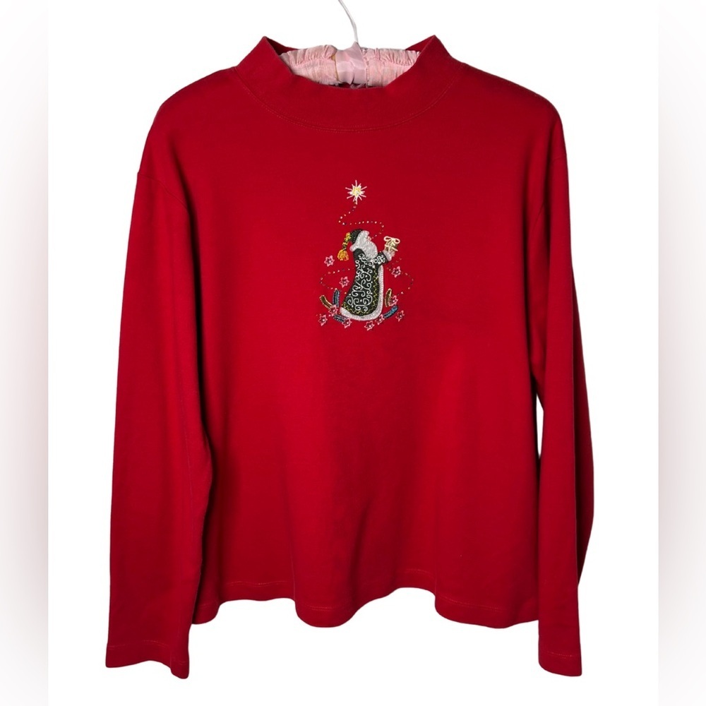 Tabi Traditional Santa Mock Neck Long Sleeve Shirt Red Christmas Women's XL